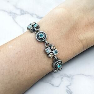 M4M Pink Blue Rhinestone Modernist Silver Toggle Bracelet Abstract Geometric